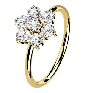 14kt Gold Clear CZ Gem Flower Hoop Ring