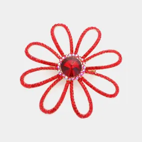 Red Rhinestone Paved Flower and Leave Pin Brooch