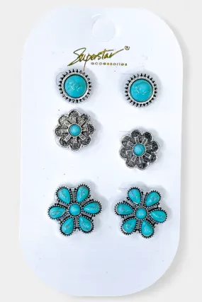 Silver Turquoise Flower Stud Earrings Set